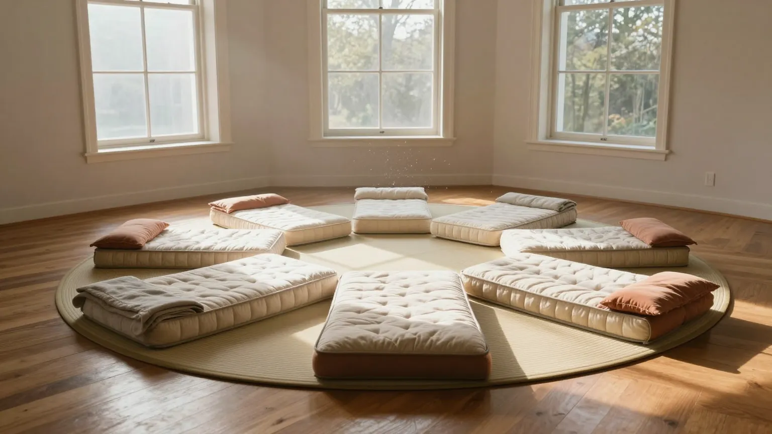 Huit couchages disposés en cercle dans une pièce claire.